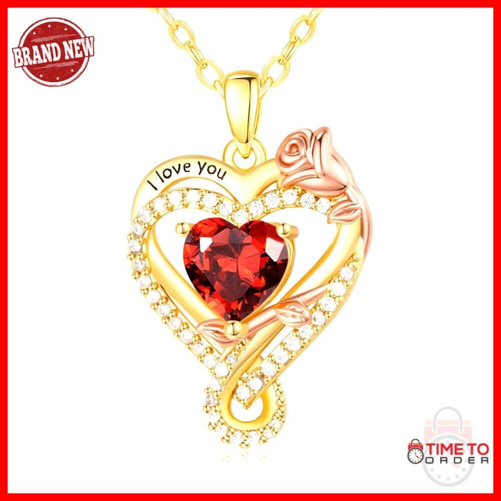 14K Gold Infinity Rose Heart Birthstone Pendant Necklace Elegant Jewelry Gift